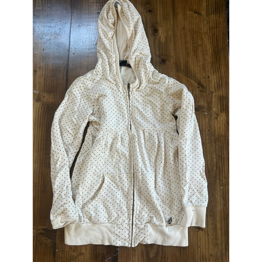 Volcom Y2K Womens Polka Dot Full Zip Hoodie Cream Black Empire Waist Size S